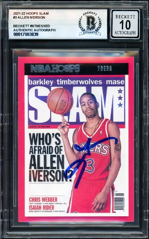 Allen Iverson Autographed 2021-22 Hoops Slam Card #3 Philadelphia 76ers Auto Grade Gem Mint 10 Beckett BAS Witness #17003839