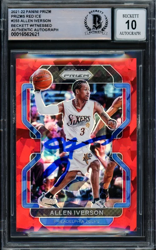 Allen Iverson Autographed 2021-22 Panini Prizm Prizms Red Ice Card #255 Philadelphia 76ers Auto Grade Gem Mint 10 Beckett BAS Witnessed