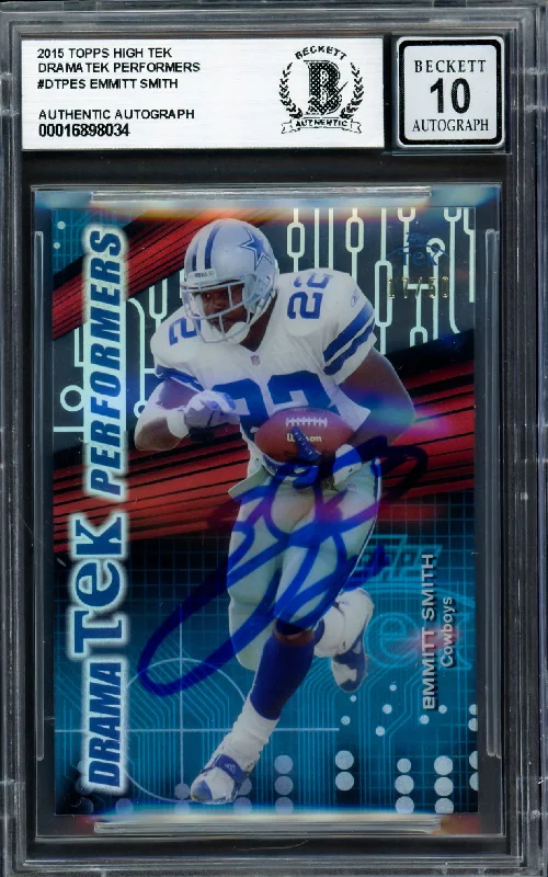 Emmitt Smith Autographed 2015 Topps High Tek Drama Tek Performers Card #DTPES Dallas Cowboys Auto Grade Gem Mint 10 #17/50 Beckett BAS #16898034