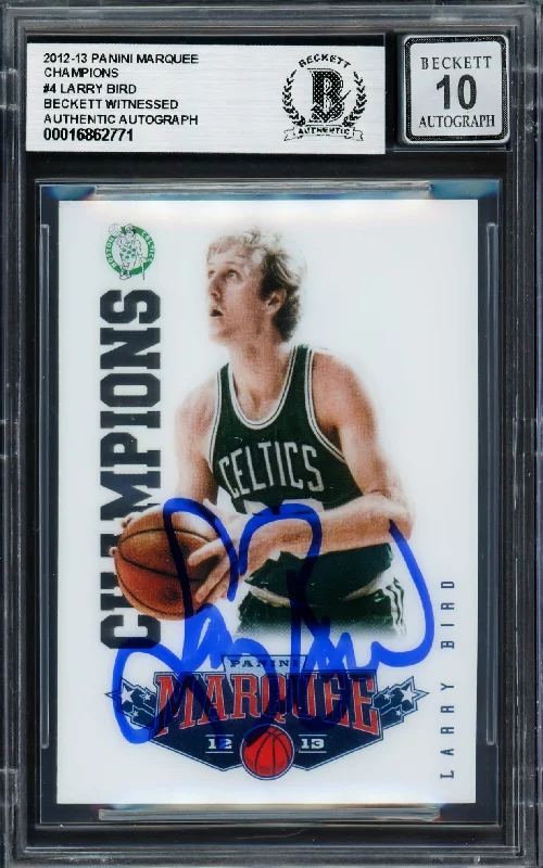 Larry Bird Autographed 2012-13 Panini Marquee Champions Card #4 Card Boston Celtics Auto Grade Gem Mint 10 Beckett BAS Witness