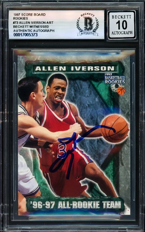 Allen Iverson Autographed 1997 Score Board Rookies Rookie Card #73 Card Philadelphia 76ers Auto Grade Gem Mint 10 Beckett BAS Witness