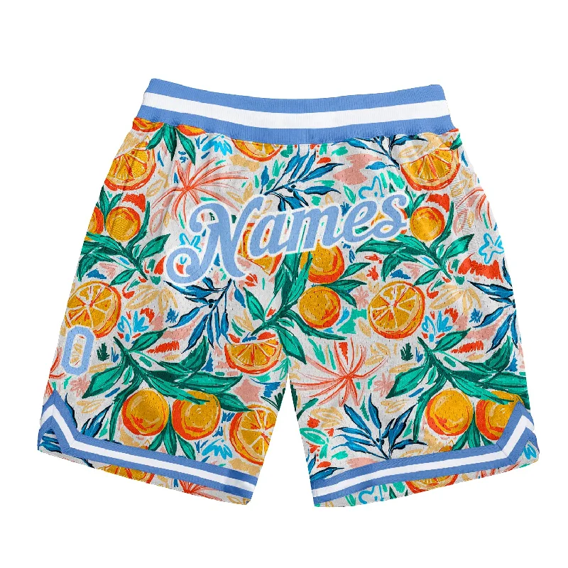 Custom White Light Blue-White 3D Pattern Design Oranges Authentic Basketball Shorts