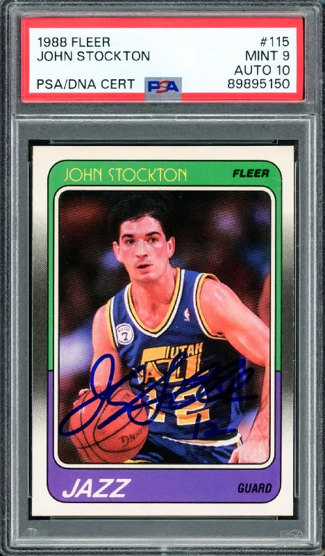 John Stockton Autographed 1988-89 Fleer Rookie Card #115 Utah Jazz PSA 9 Auto Grade Gem Mint 10 PSA/DNA #89895150