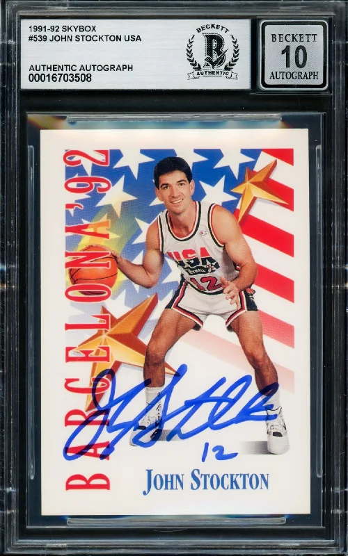 John Stockton Autographed 1991-92 Skybox Card #539 USA Dream Team Auto Grade Gem Mint 10 Beckett BAS #16703508