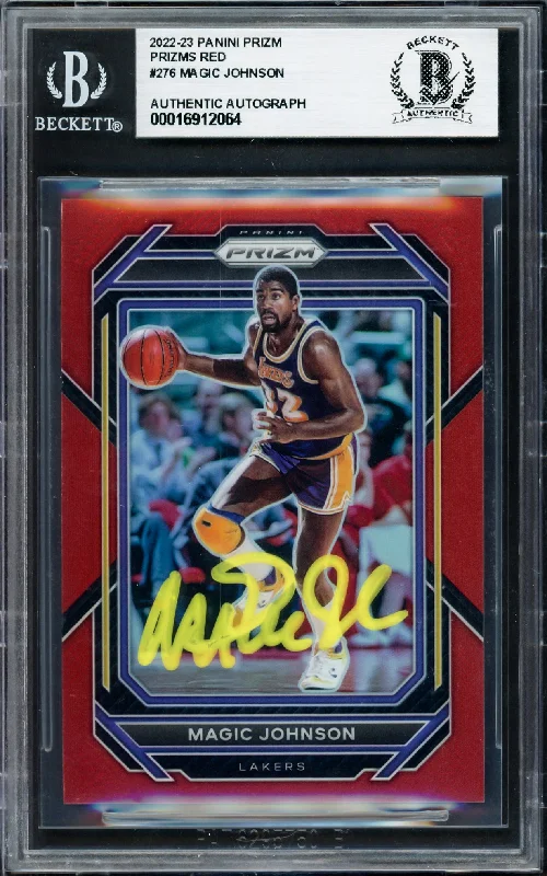 Magic Johnson Autographed 2022-23 Panini Prizm Prizms Red Card #276 Card Los Angeles Lakers #/299 Beckett BAS