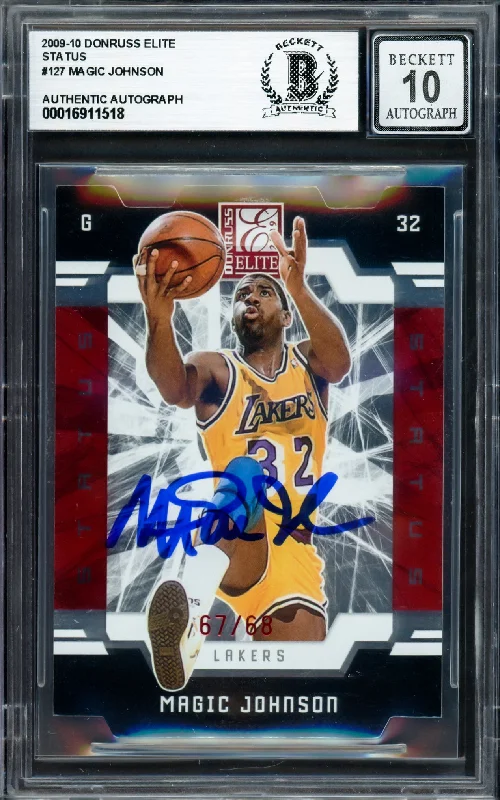 Magic Johnson Autographed 2009-10 Donruss Elite Status Card #127 Los Angeles Lakers Auto Grade Gem Mint 10 #67/68 Beckett BAS #16911518