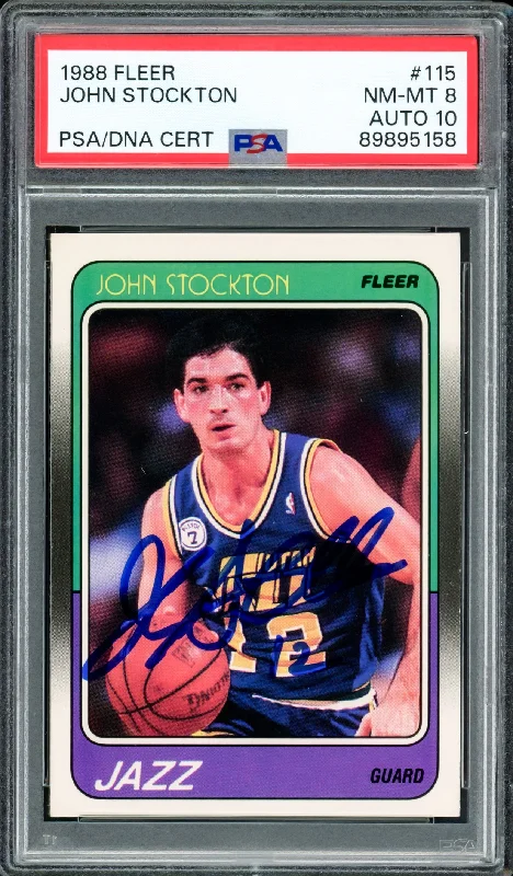 John Stockton Autographed 1988-89 Fleer Rookie Card #115 Utah Jazz PSA 8 Auto Grade Gem Mint 10 PSA/DNA #89895158