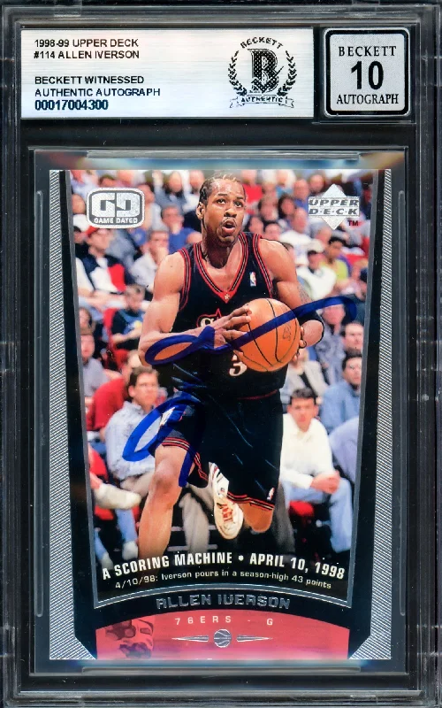 Allen Iverson Autographed 1998-99 Upper Deck Card #114 Philadelphia 76ers Auto Grade Gem Mint 10 Beckett BAS Witness #17004300