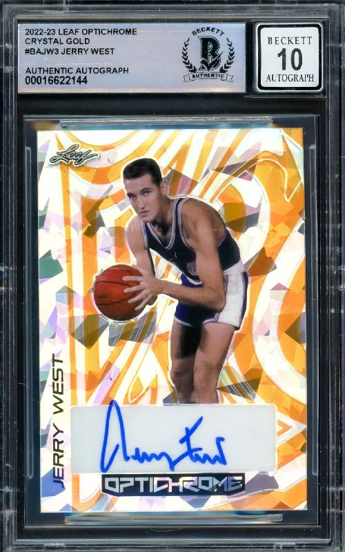 Jerry West Autographed 2022-23 Leaf Optichrome Crystal Gold Card #BAJW3 Los Angeles Lakers Auto Grade Gem Mint 10 Beckett BAS #16622144