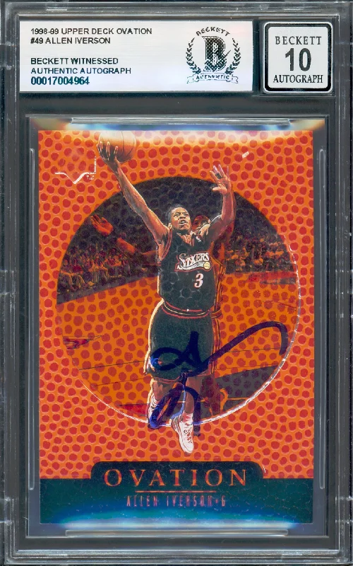 Allen Iverson Autographed 1998-99 Upper Deck Ovation Card #49 Card Philadelphia 76ers Auto Grade Gem Mint 10 Beckett BAS Witness