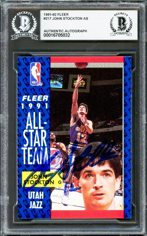 John Stockton Autographed 1991-92 Fleer Card #217 Utah Jazz Beckett BAS #16705032