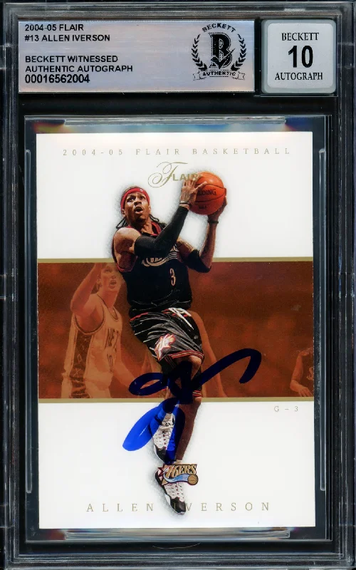 Allen Iverson Autographed 2004-05 Flair Card #13 Philadelphia 76ers Auto Grade Gem Mint 10 Beckett BAS Witnessed #16562004