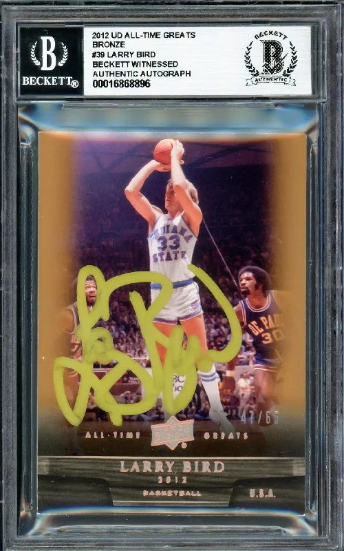 Larry Bird Autographed 2012 Upper Deck All-Time Greats Bronze Card #39 Boston Celtics #47/65 Beckett BAS Witness #16868896