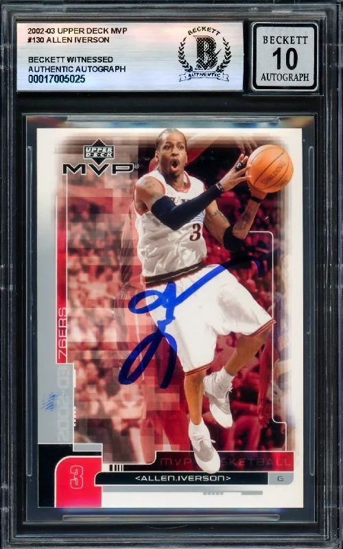 Allen Iverson Autographed 2002-03 Upper Deck MVP Card #130 Card Philadelphia 76ers Auto Grade Gem Mint 10 Beckett BAS Witness