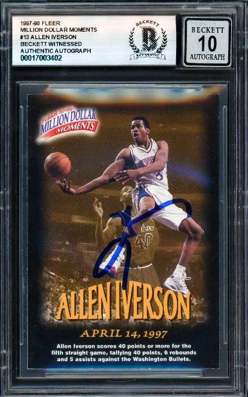 Allen Iverson Autographed 1997-98 Fleer Million Dollar Moments Card #13 Philadelphia 76ers Auto Grade Gem Mint 10 Beckett BAS Witness #17003402