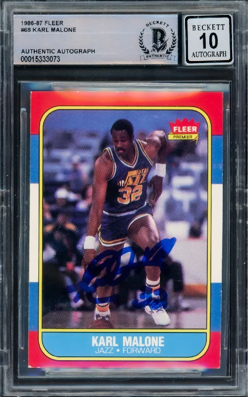 Karl Malone Autographed 1986 Fleer Rookie Card #68 Utah Jazz Auto Grade Gem Mint 10 Beckett BAS #15333073