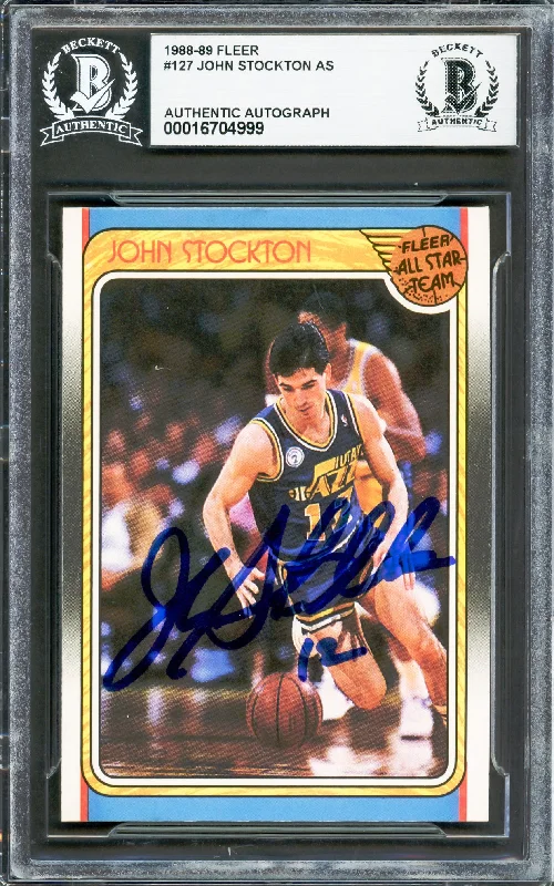 John Stockton Autographed 1988-89 Fleer Rookie Card #127 Utah Jazz Beckett BAS #16704999