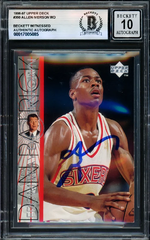 Allen Iverson Autographed 1996-97 Upper Deck Rookie Card #350 Card Philadelphia 76ers Auto Grade Gem Mint 10 Beckett BAS Witness