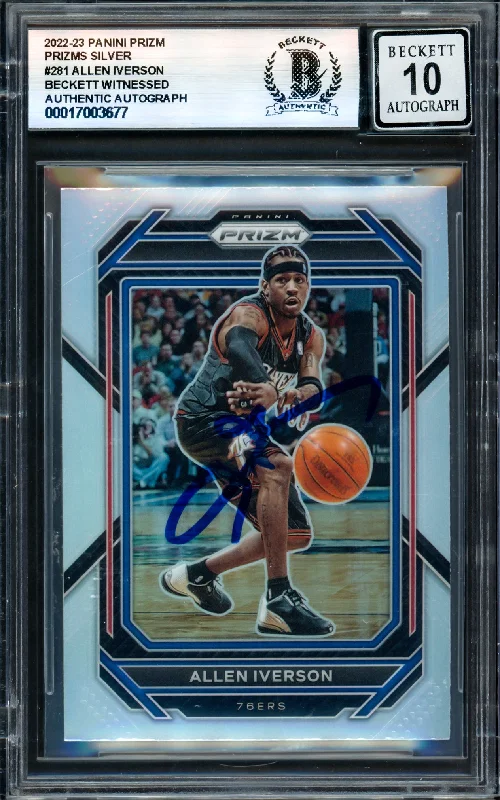 Allen Iverson Autographed 2022-23 Panini Prizm Prizms Silver Card #281 Philadelphia 76ers Auto Grade Gem Mint 10 Beckett BAS Witness #17003677