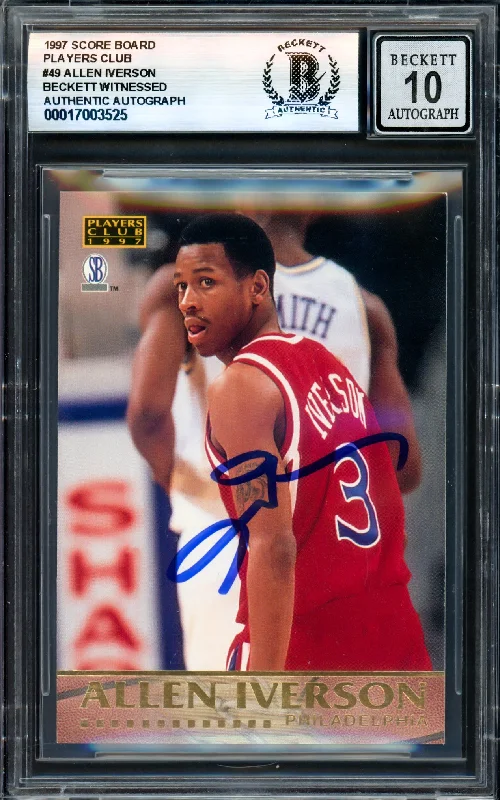 Allen Iverson Autographed 1997 Score Board Players Club Rookie Card #49 Philadelphia 76ers Auto Grade Gem Mint 10 Beckett BAS Witness #17003525