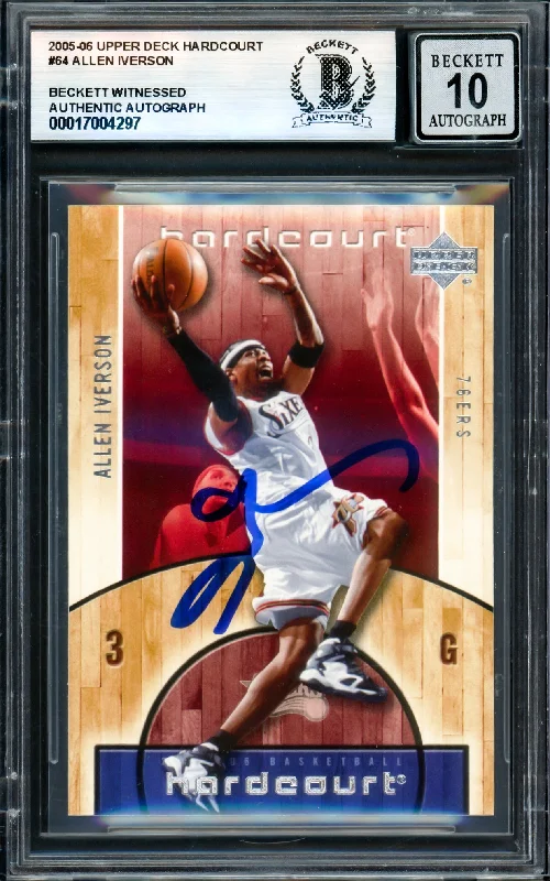 Allen Iverson Autographed 2005-06 Upper Deck Hardcourt Card #64 Philadelphia 76ers Auto Grade Gem Mint 10 Beckett BAS Witness #17004297