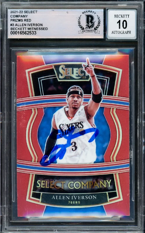 Allen Iverson Autographed 2021-22 Select Company Prizms Red Card #3 Philadelphia 76ers Auto Grade Gem Mint 10 Beckett BAS Witnessed #16562533