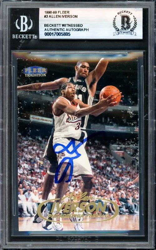 Allen Iverson Autographed 1998-99 Fleer Card #3 Philadelphia 76ers Beckett BAS Witness #17005805