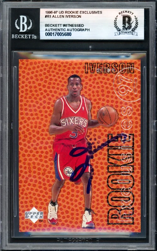 Allen Iverson Autographed 1996-97 Upper Deck Rookie Exclusives Rookie Card #R1 Philadelphia 76ers Beckett BAS Witness #17005680