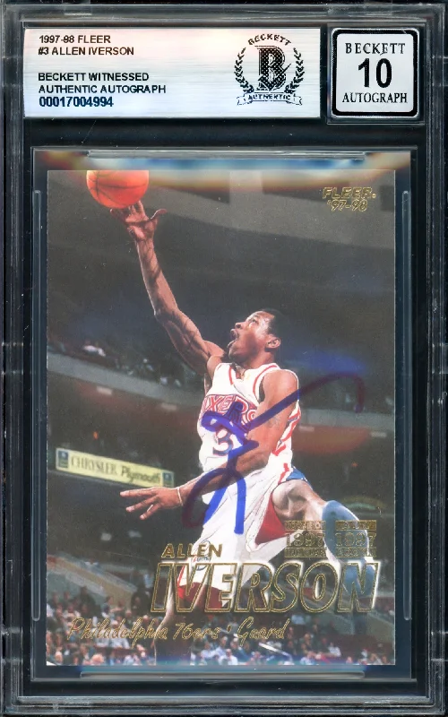 Allen Iverson Autographed 1997-98 Fleer Card #3 Philadelphia 76ers Auto Grade Gem Mint 10 Beckett BAS Witness #17004994