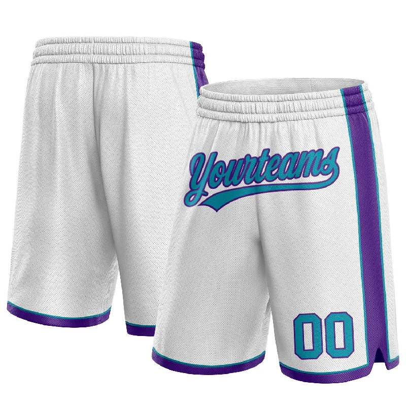 Custom White Teal-Purple Authentic Basketball Shorts