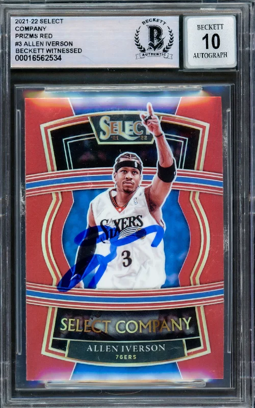 Allen Iverson Autographed 2021-22 Select Company Prizms Red Card #3 Philadelphia 76ers Auto Grade Gem Mint 10 Beckett BAS Witnessed #16562534