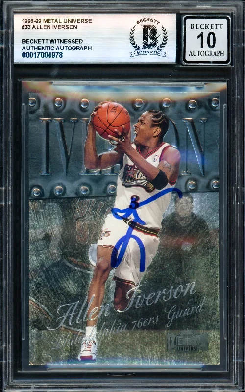 Allen Iverson Autographed 1998-99 Metal Universe Card #33 Philadelphia 76ers Auto Grade Gem Mint 10 Beckett BAS Witness #17004978