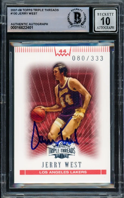 Jerry West Autographed 2007-08 Topps Triple Threads Card #100 Card Los Angeles Lakers Auto Grade Gem Mint 10 Beckett BAS