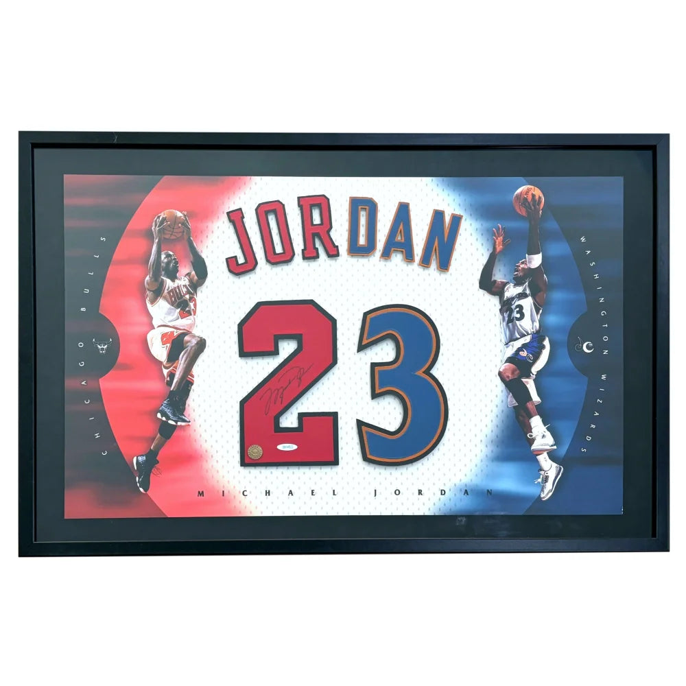 Michael Jordan Signed Jersey Numbers Framed Photo Collage UDA Bulls Wizards Auto