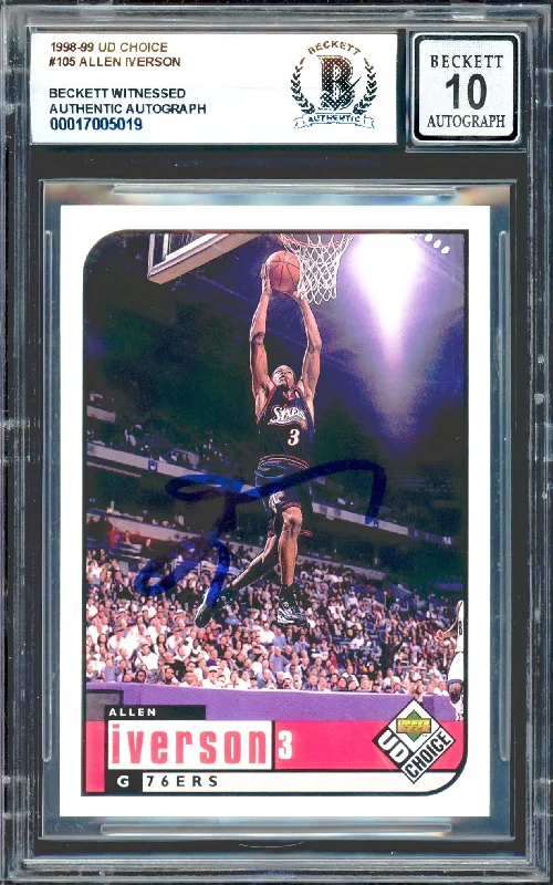 Allen Iverson Autographed 1998-99 UD Choice Card #105 Card Philadelphia 76ers Auto Grade Gem Mint 10 Beckett BAS Witness