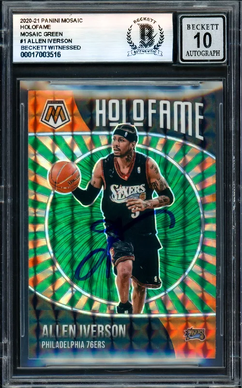 Allen Iverson Autographed 2020-21 Panini Mosaic Holofame Green Card #1 Philadelphia 76ers Auto Grade Gem Mint 10 Beckett BAS Witness #17003516