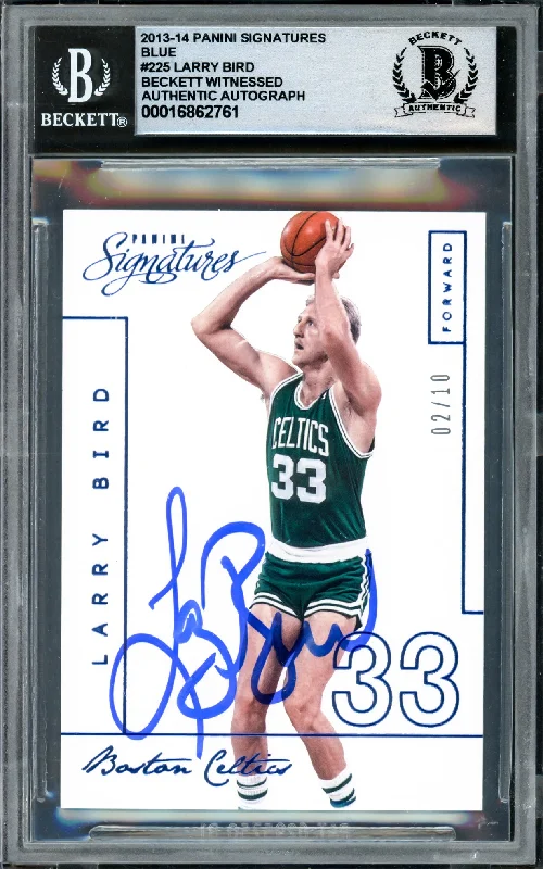 Larry Bird Autographed 2013-14 Panini Signatures Blue Card #225 Boston Celtics Auto Grade Gem Mint 10 #02/10 Beckett BAS Witness #16862761