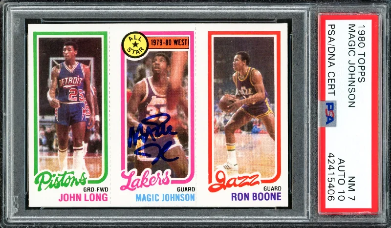 Magic Johnson Autographed 1980 Topps Rookie Card #18 Los Angeles Lakers PSA 7 Auto Grade Gem Mint 10 PSA/DNA #42415406