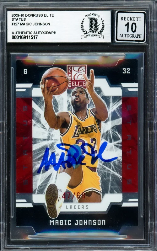 Magic Johnson Autographed 2009-10 Donruss Elite Status Card #127 Los Angeles Lakers Auto Grade Gem Mint 10 #47/68 Beckett BAS #16911517