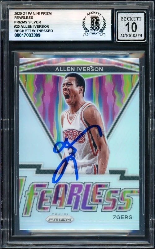 Allen Iverson Autographed 2020-21 Panini Prizm Fearless Prizms Silver Card #20 Philadelphia 76ers Auto Grade Gem Mint 10 Beckett BAS Witness #17003399