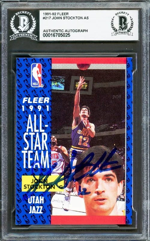 John Stockton Autographed 1991-92 Fleer Card #217 Utah Jazz Beckett BAS #16705025