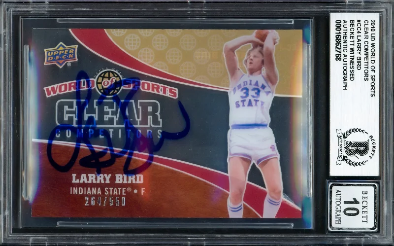 Larry Bird Autographed 2010 Upper Deck World of Sports Clear Competitors Card #CC4 Boston Celtics Auto Grade Gem Mint 10 #264/550 Beckett BAS Witness #16862768