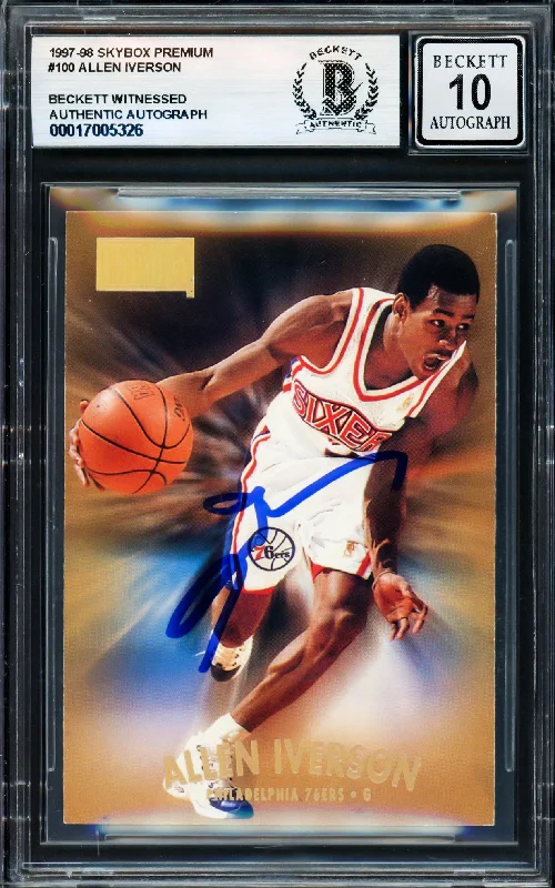 Allen Iverson Autographed 1997-98 Skybox Premium Card #100 Card Philadelphia 76ers Auto Grade Gem Mint 10 Beckett BAS Witness