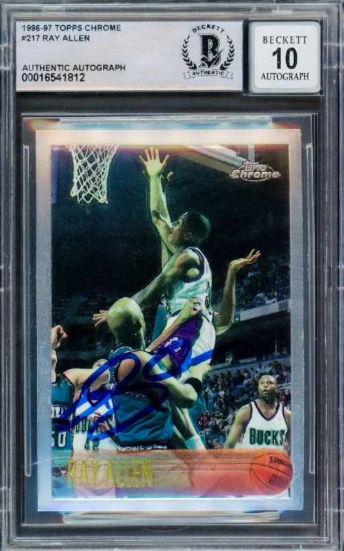 Ray Allen Autographed 1996 Topps Chrome Rookie Card #217 Milwaukee Bucks Auto Grade Gem Mint 10 Beckett BAS #16541812