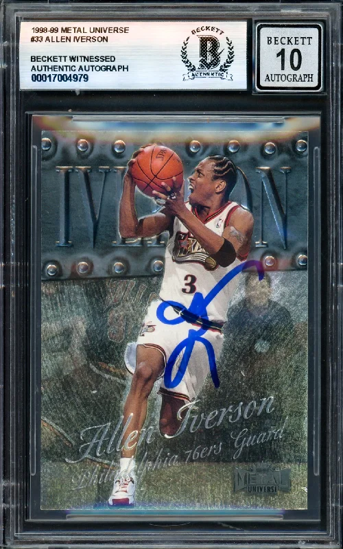 Allen Iverson Autographed 1998-99 Metal Universe Card #33 Philadelphia 76ers Auto Grade Gem Mint 10 Beckett BAS Witness #17004979