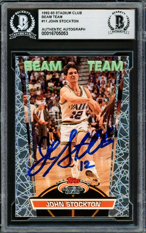 John Stockton Autographed 1992-93 Stadium Club Beam Team Card #11 Utah Jazz Beckett BAS