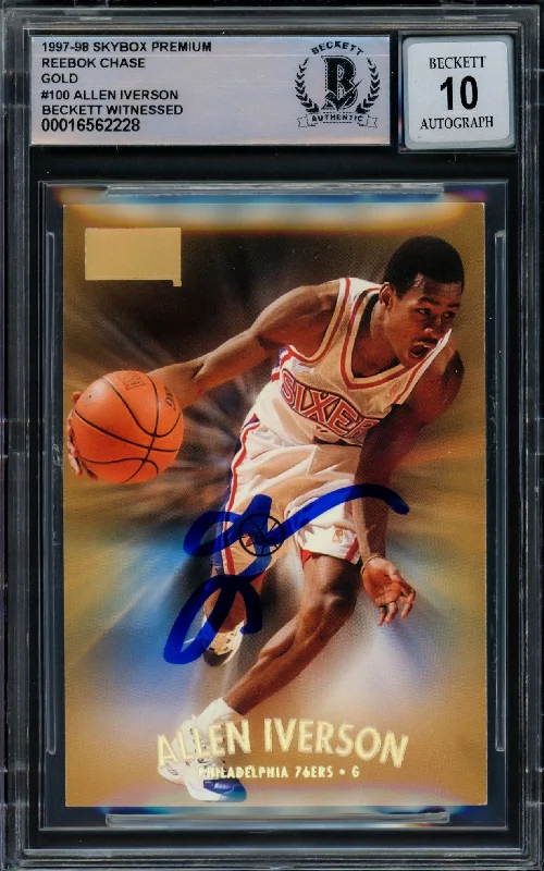 Allen Iverson Autographed 1997-98 Skybox Premium Reebok Gold Card #100 Philadelphia 76ers Auto Grade Gem Mint 10 Beckett BAS Witnessed #16562228