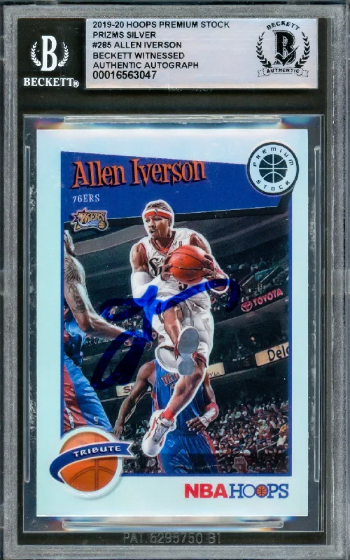 Allen Iverson Autographed 2019-20 Hopps Premium Stock Prizms Silver Card #285 Philadelphia 76ers Beckett BAS Witnessed #16563047