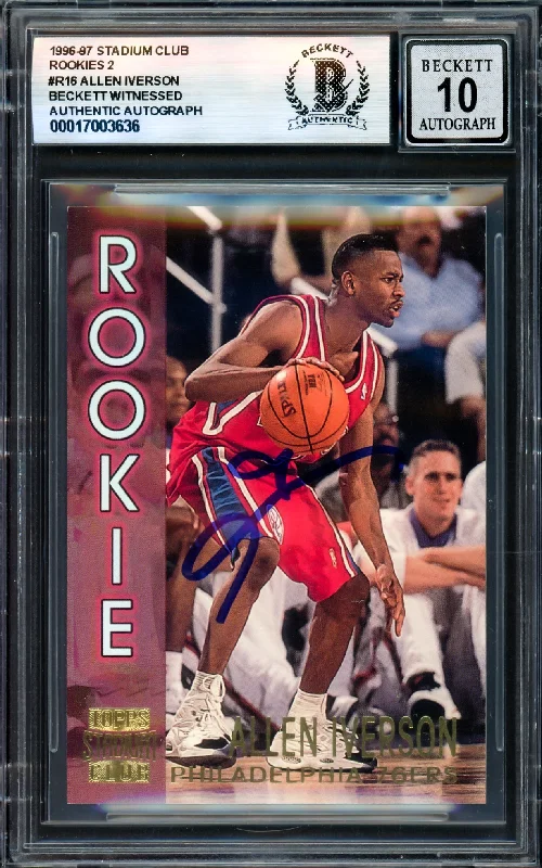 Allen Iverson Autographed 1996-97 Stadium Club Rookies Rookie Card #R16 Philadelphia 76ers Auto Grade Gem Mint 10 Beckett BAS Witness #17003636