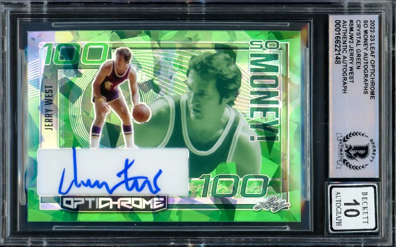 Jerry West Autographed 2022-23 Leaf Optichrome So Money Crystal Green Card #SMJW2 Los Angeles Lakers Auto Grade Gem Mint 10 Beckett BAS #16622148